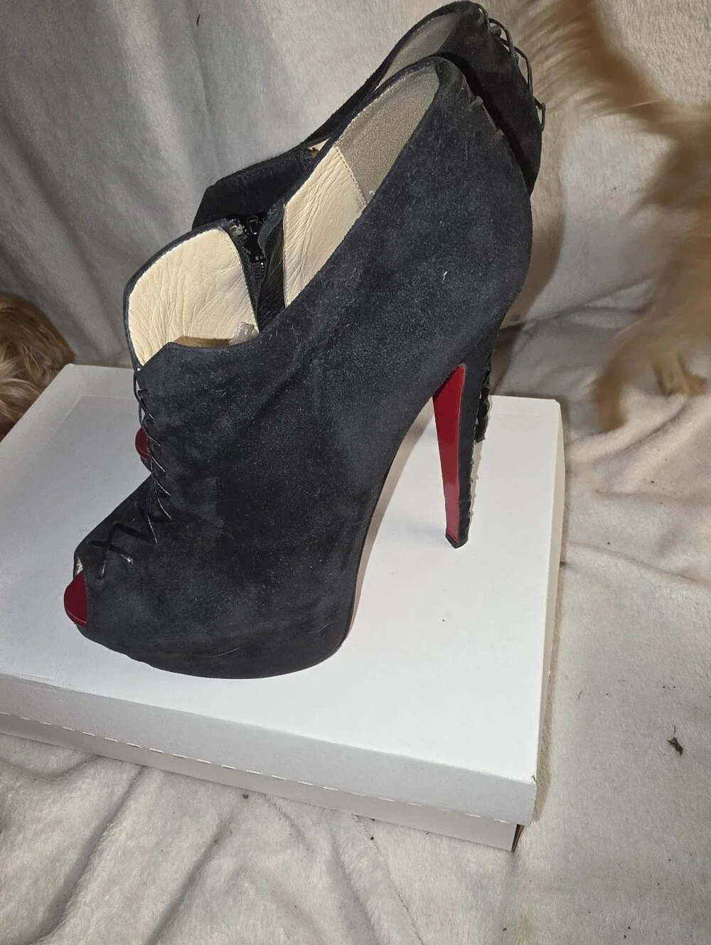 Christian Louboutin Recouzetta 160 Peep Black Suede Ankle Boots - Size 38